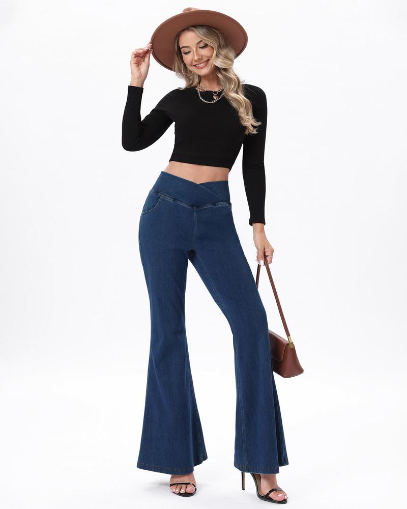 Bell Bottom Jeans for Women High Waisted Stretchy Flare Jeans Pull On Wide Leg Jean Woman V Cross Flare Leggings Pants