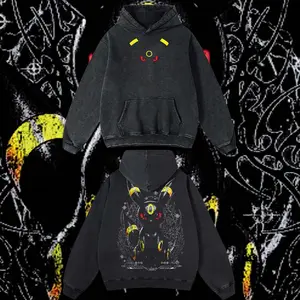 AnimeClothing Limited Black Umbreon - PKM#1 anime Hoodie Tshirt Acid Washed Heavyweight Cotton Tshirt, 100% Cotton retro Washed anime t-shirt, vintage streetwear tee, Y2K graphic top