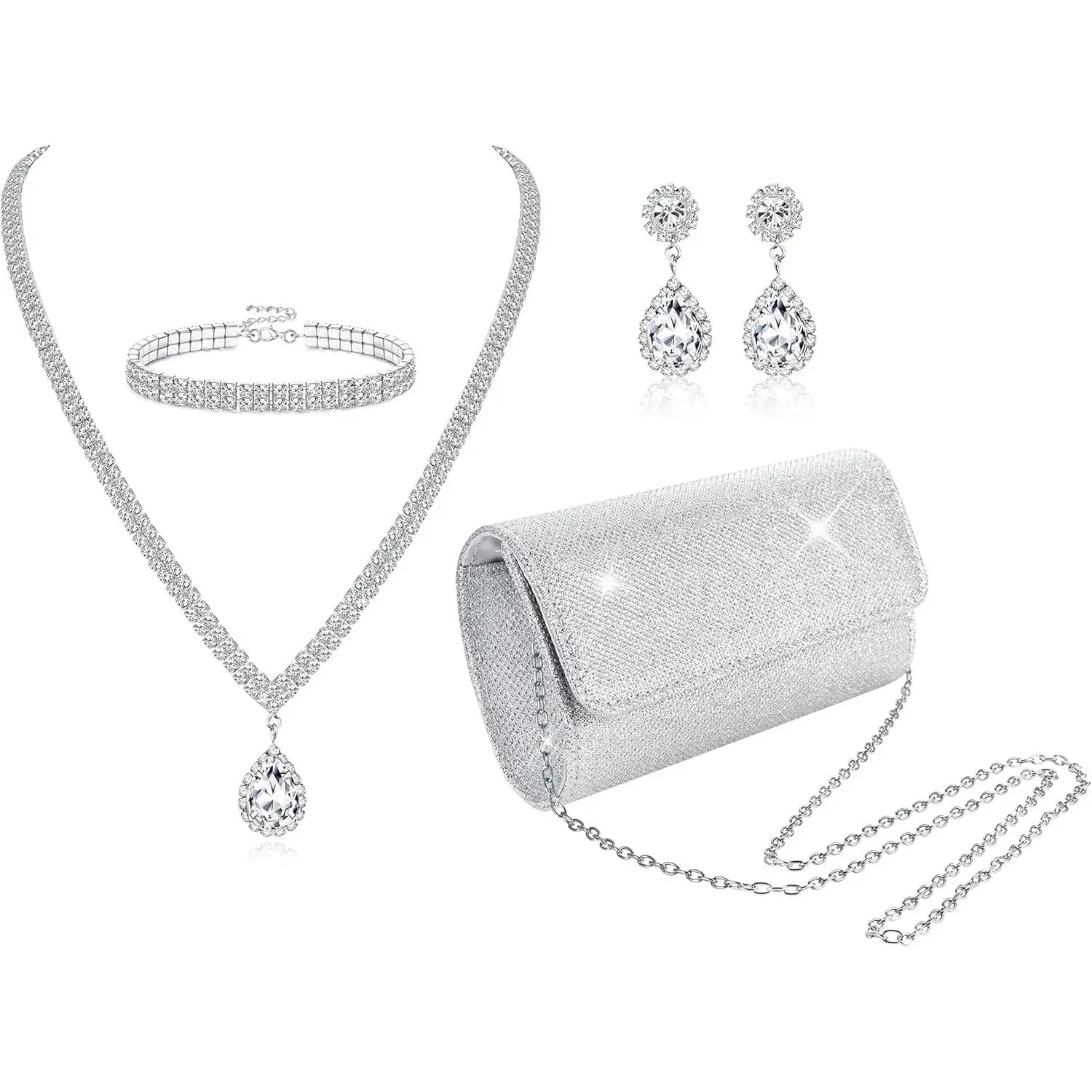 4Pcs Silver Clutch Purse Jewelry Set for Women Evening Rhinestone Purse Crystal Necklace Earrings Bracelets Set Silver Accessories for Women Bride Wedding Jewelry