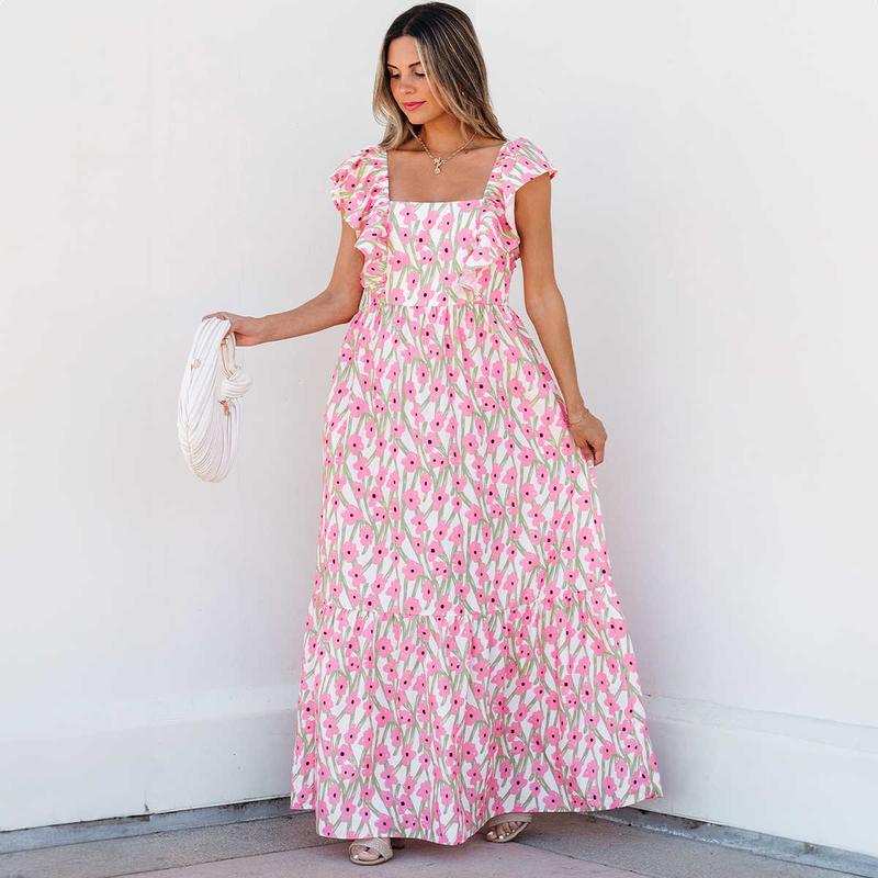 Pink Floral Print Square Neck Ruffled Strap Maxi Dress