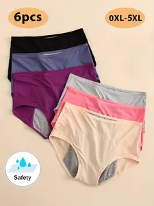 6pcs Women's Leakproof Period Panties - High Elasticity, Breathable Mesh, Triple-Layered, Wide Briefs, Tummy Control, Plus Size (OXL-5XL), Seamless Underwear, High Waist, Period Panties