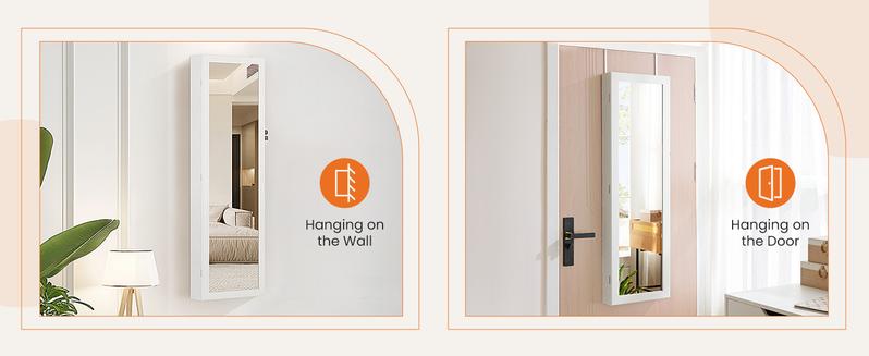 HomeSquad Full-Length Mirror Jewelry Cabinet, Wall or Door Mount, Organizer Armoire with Built-in Makeup Mirror, Lockable Storage with 2 Drawers