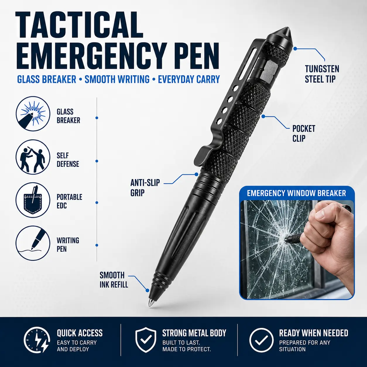 Military Tactical Pen - Tungsten Steel-Aluminum Car Emergency Window Escape Glass Breaker, 14.99cm, Looks Like a Pen, Stays Unnoticed, All-Weather Writing, Concealed Aggressiveness, Self-Defense Multifunctional Survival Automotive Equipment
