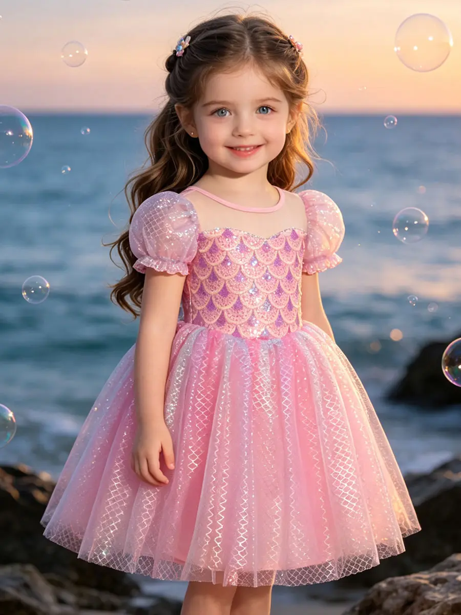 Toddler Girls Pink Mermaid Scale Sequin Ballet Leotard Puff Bubble Short Sleeve Sparkle Fish Mesh Tulle Tutu Skirt Soft Stretch Princess Dance Costume for Ballet Practice Birthday Mermaid Party kids clothing