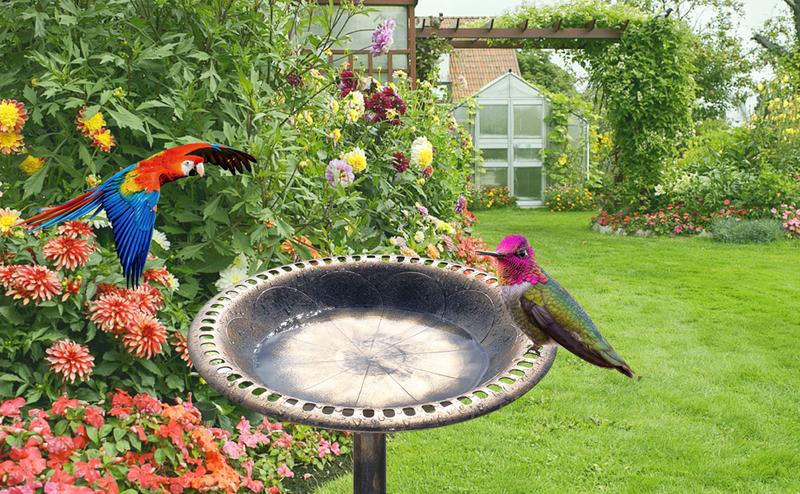 VINGLI 28 Inch Bird Bath with Solar Fountain Antique Copper Weather Resistant Resin Pedestal Birdbaths Floral Accents and Vintage Finish Garden Decor for Outdoor Lightweight Courtyard