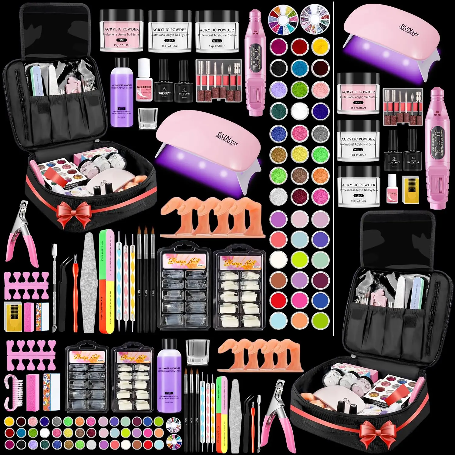 Professional Acrylic Manicure Nail Art Kit for Beginners - 42 Colors Glitter Powder, Liquid, UV Light, Drill, Practice Finger, Black Storage Organizer Case, Ideal Gift for French Nail Enthusiasts