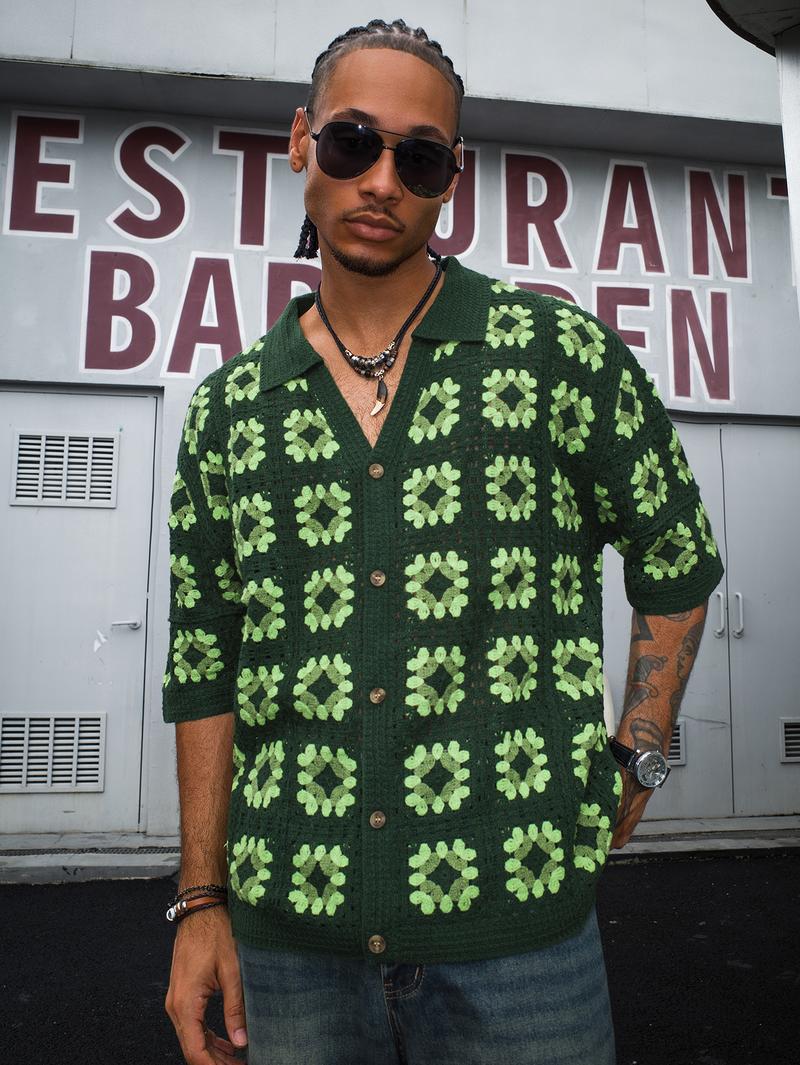 Men's Summer Cool Knitted Short-Sleeve Shirt Baby Blue Boho Vacation Casualwear Loose Fit Collared Button Closure All-Over Print