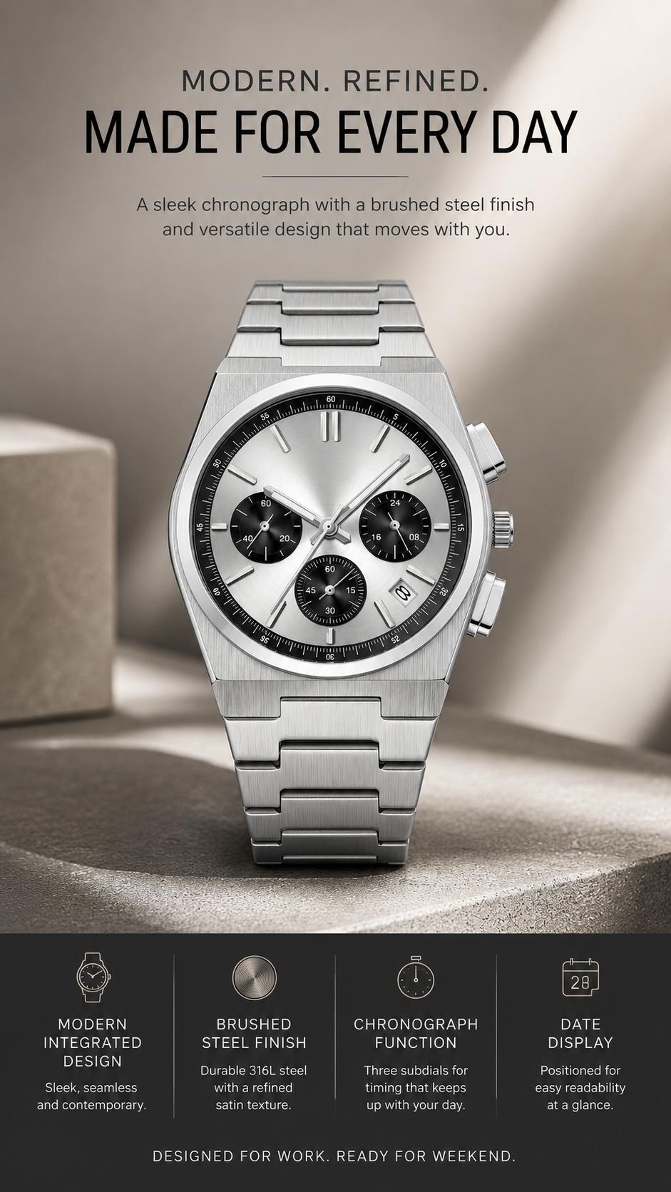 Men's Casual Business Analog Chronograph Watch, Classic Stainless Steel Metal Band, Quartz Movement, Analog Face, Round Shape, Mineral Glass, Calendar Date Display, 30M-50M Water Resistant, Clasp Closure, Daily Wear Fashion Accessory