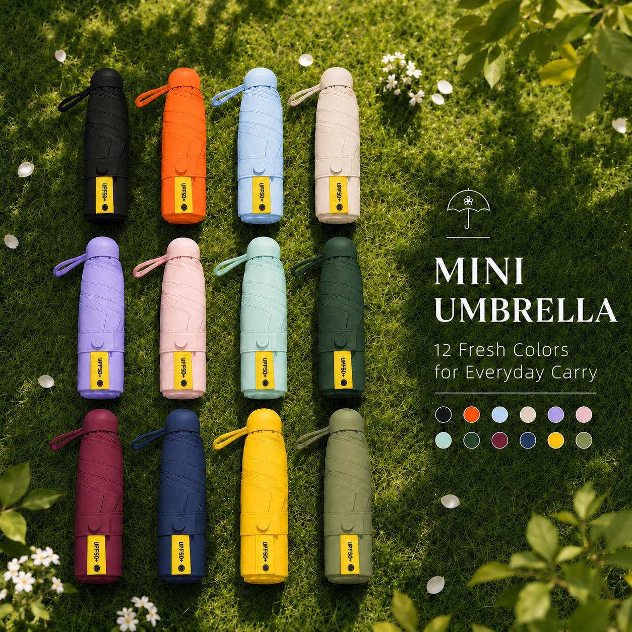 Mini Folding Pocket Umbrella, UPF50+ Sun Protection, Water-Repellent Compact Travel Umbrella with Blackout Inner Coating, Lightweight Portable Design for Purse, Mini Bag, Backpack, Car, Beach, Daily Commute, Summer Trips, Outdoor Use, Women, Men and Teens