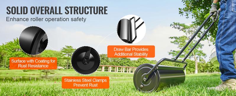 VEVOR Drum Lawn Roller, TikTokShopBlackFriday, 17 Gallon Sand/Water Filled Yard Roller, Steel Sod Roller with Easy-turn Plug and U-Shaped Ergonomic Handle for Convenient Push and Pull, for Lawn, Garden, Farm, Park