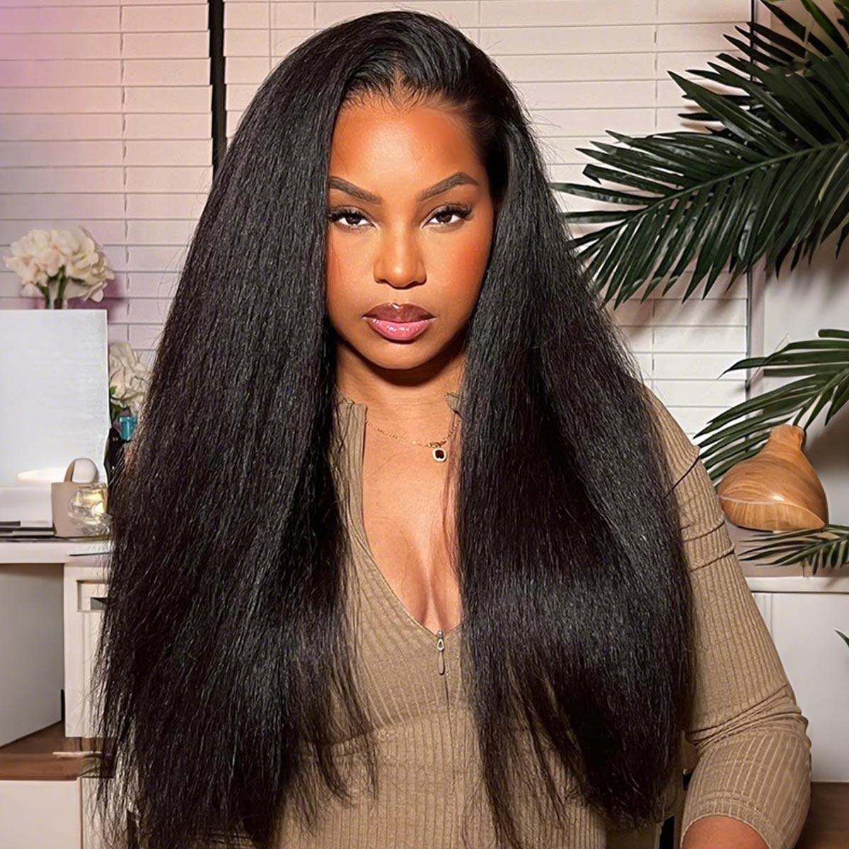 OQ HAIR Kinky Straight Hair Bundles 100% Virgin Human Hair Weaving Natural Black Color 3 4 Bundle Deals Double Weft Sew in Hair Extensions