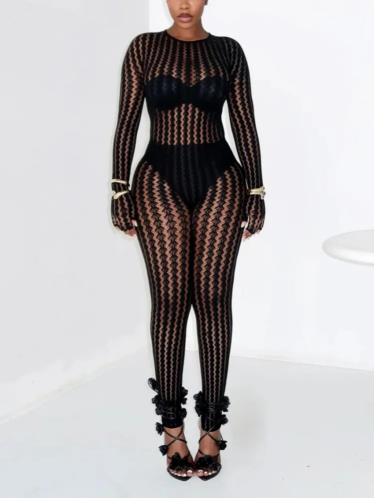 Women's Fitted Lace Stretch Backless Longsleeves Bodycon Romper - Party Wear Jumpsuit, Summer Overalls, Women's Clothes