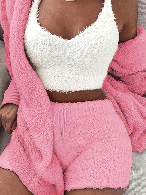 Women's Solid Color Plush Three-piece Pyjama Set, Fluffy Pajamas, Casual Comfy V Neck Cami Top & Hooded Coat & Tie Front Shorts Loungewear Set, Pajama Sets Women, Women's Sleepwear for Winter, Fluffy Pajamas, Cute Pajama Sets, Sleep Sets, Womenswear, Pjs