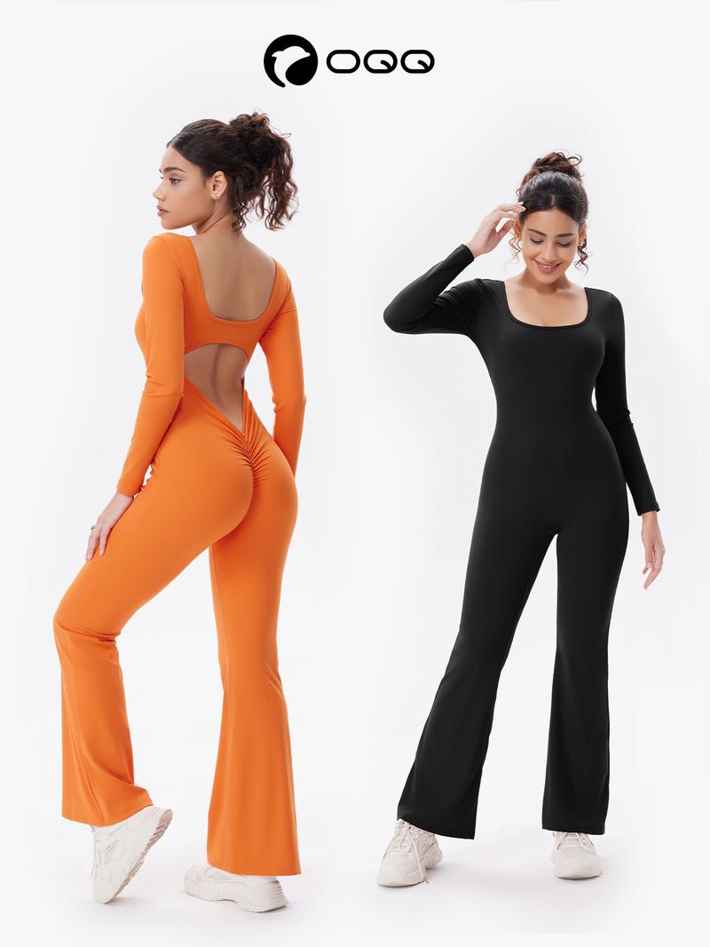 OQQ Women’s Backless Wide Leg Jumpsuit With Removable Built-In Padding – Long Sleeve Stretchy Flared V Back Yoga Romper