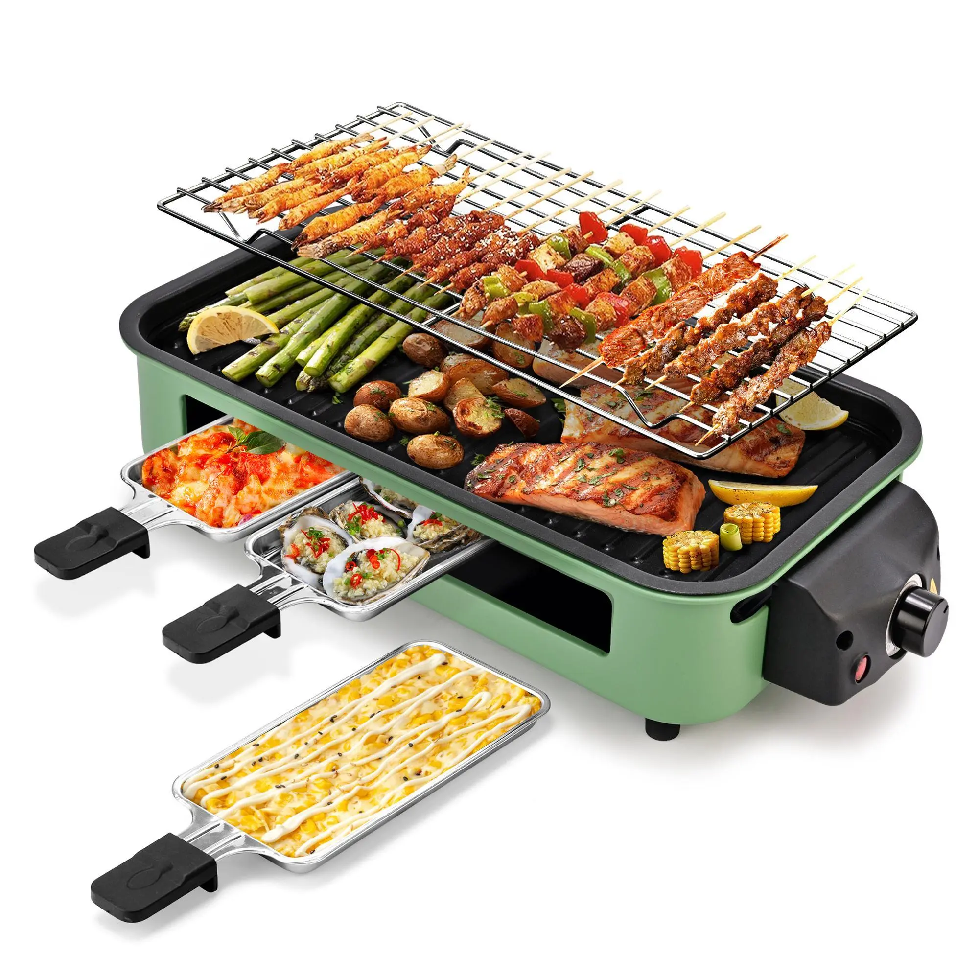 Pukomc 2-in-1 Smokeless Electric Grill-Raclette, 1500W Portable Indoor/Outdoor Cooker with Universal Griddle Plate, Non-Stick Surface, 3 Pans, Split Easy-Clean Parts, Spatula for Couples’ Healthy Meals, Adjustable, Roast/Fry/Grill