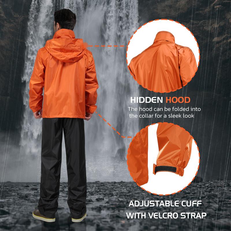 【RODEEL】702 Waterproof Jacket and Pants Set Men Lightweight Breathable Full Zip Hooded Rain Coat Durable Rain Suit Weatherproof Rainwear Windbreaker For Outdoor Sports Hiking Fishing Boating Construction Roofing Landscaping Gardening, Holiday Gift