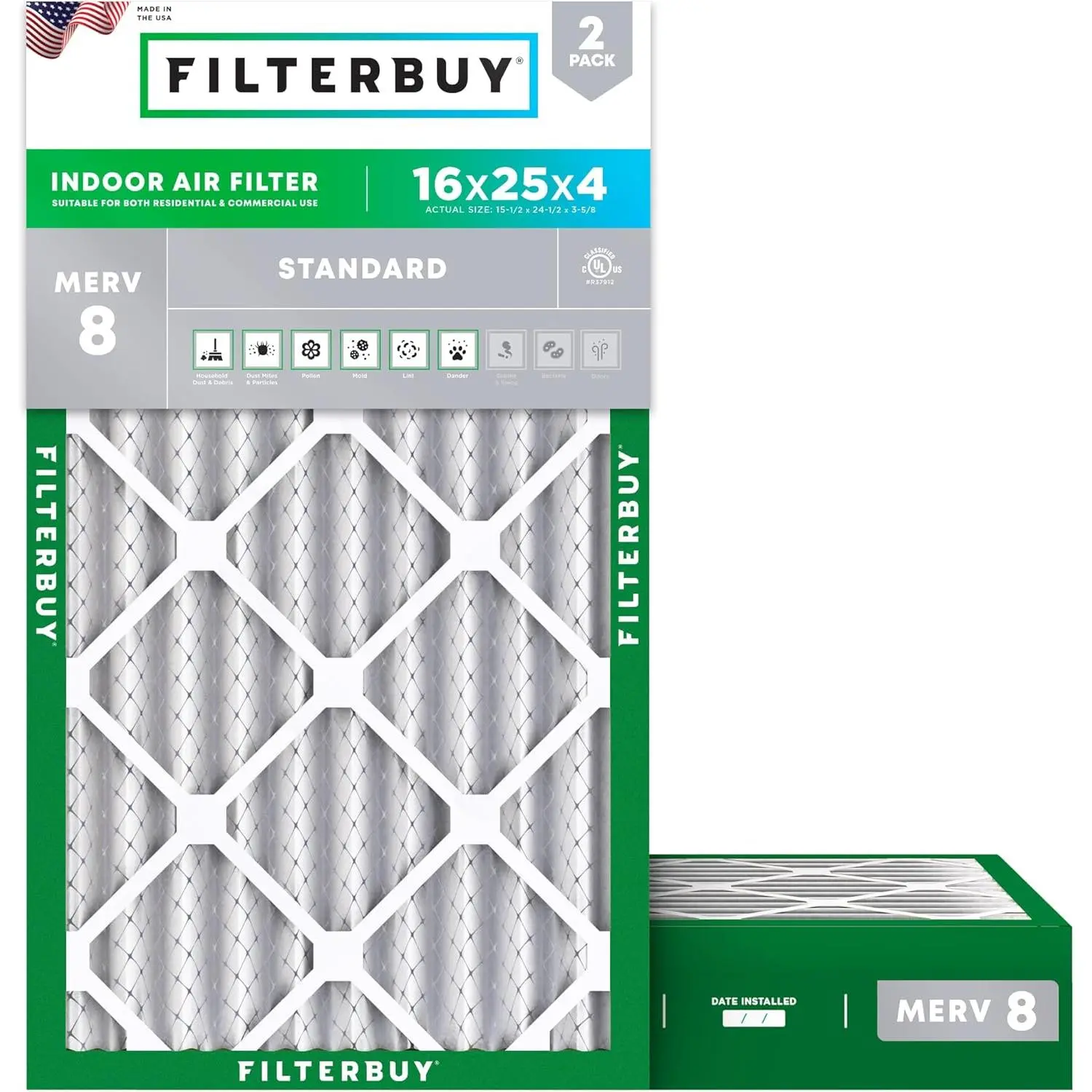 Filterbuy 16x25x4 Rectangular Pleated Replacement Air Filter Parts (2-Pack), Moisture Resistant, Electrostatic MERV 8 Dust Defense for HVAC AC Furnace (Actual Size: 15.50x24.50x3.63 in), Replacement Parts