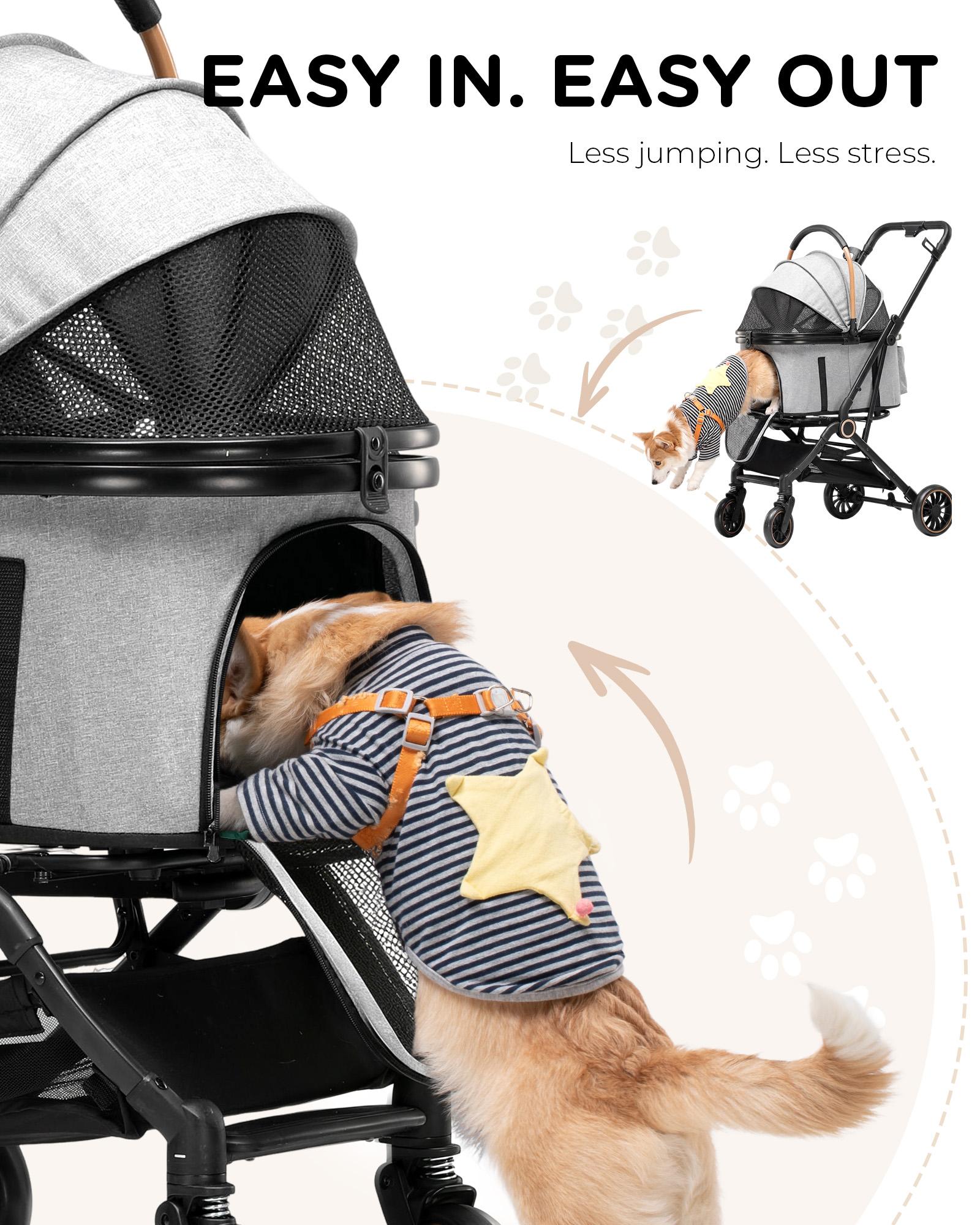 COMHOMA Foldable Pet Stroller with Weather Cover, 4 Wheels Pet Strolling Cart for Small/Medium Dogs and Cats with Storage Basket and Cup Holder, Breathable and Visible Mesh for All-Season