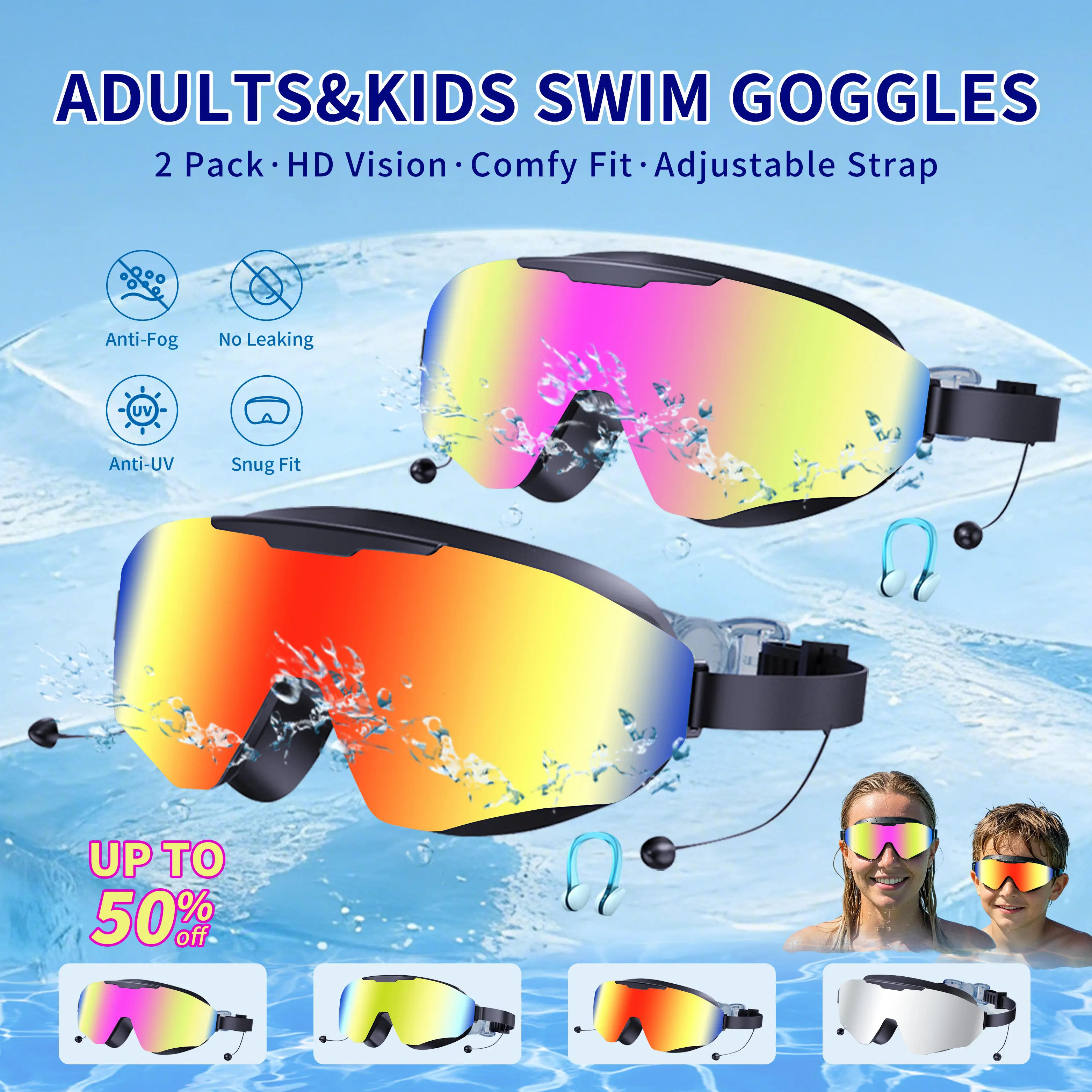 2 Pack Swim Goggles with Earplugs for Adult Kid 4-12 Men Women, Anti-fog UV Protection No Leak 180° Wide View Clear Vision Pool Goggles