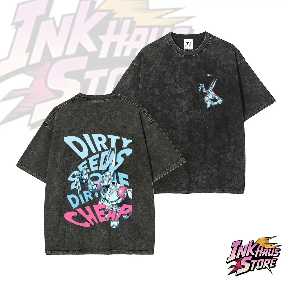 Vintage Acid Wash Oversized Anime Graphic Tee D4C Dirty Deeds Done Dirt Cheap Retro Y2K Streetwear Unisex Cotton T-Shirt for Men & Women Casual Summer Festival Outfit Harajuku Style Japanese Manga Merch TikTok Fashion Trendy Graphic Tops Everyday Wear Fit
