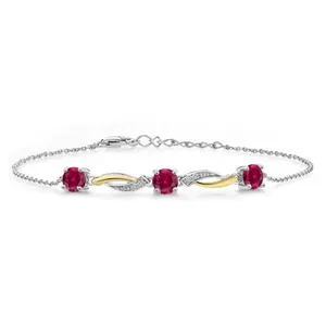 3.04 Cttw 2 Tone Red Created Ruby and White Lab Grown Diamond 7 Inch Tennis Bracelet For Women | 925 Sterling Silver and 10K Yellow Gold | With 1 Inch Extender