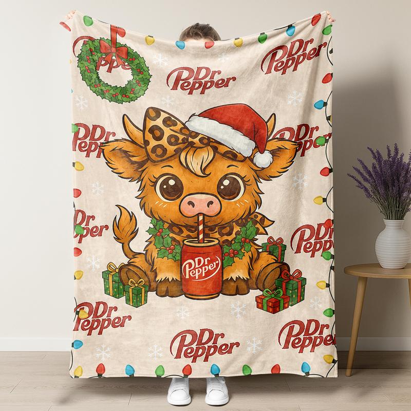 Cartoon Cute Highland Cow Pattern Blanket Dr Pepper Soft Warm Throw Blanket soft fluffy slogan print fleece decorative giftable heartfelt gift