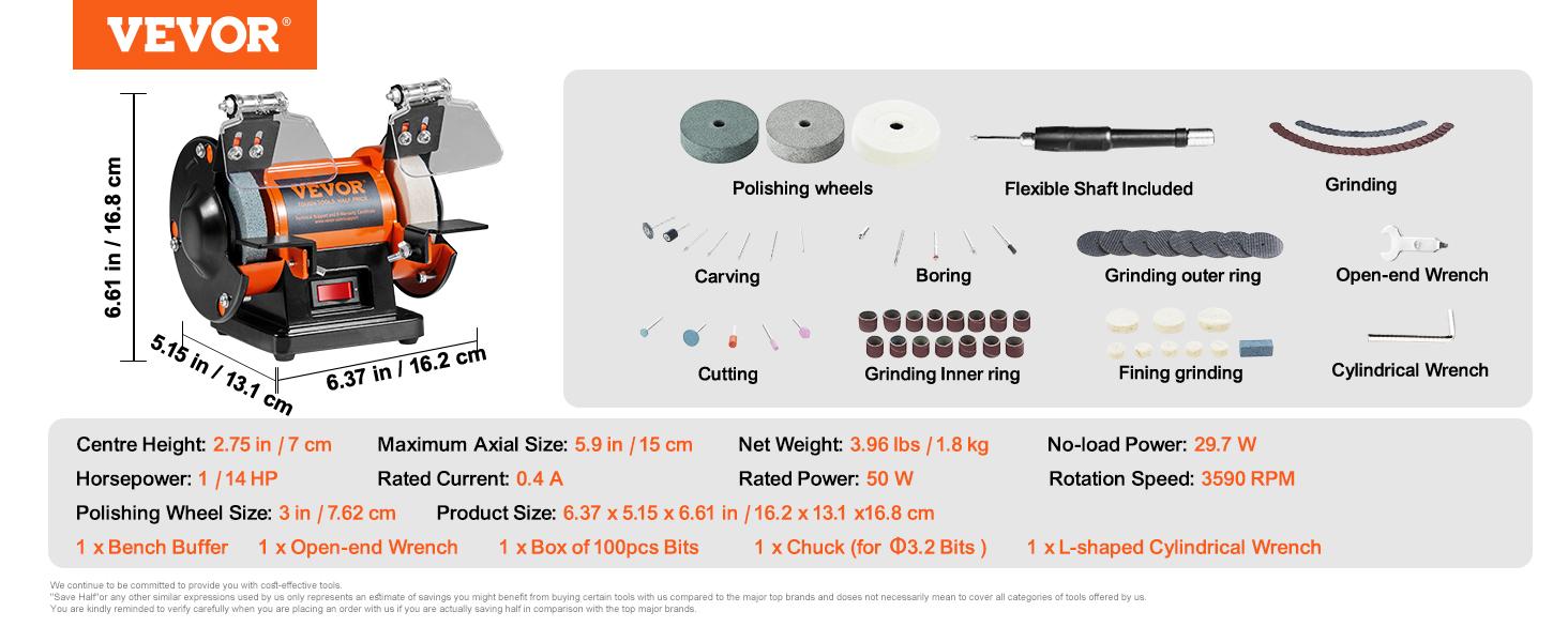 VEVOR Bench Polisher & Buffing Machine for Metal/Jewelry/Wood - With Wool & Abrasive Wheels, 100 Tools, 3590RPM VEVOR Bench Polisher & Buffing Machine for Metal/Jewelry/Wood - With Wool & Abrasive Wheels, 100 Tools, 3590RPM