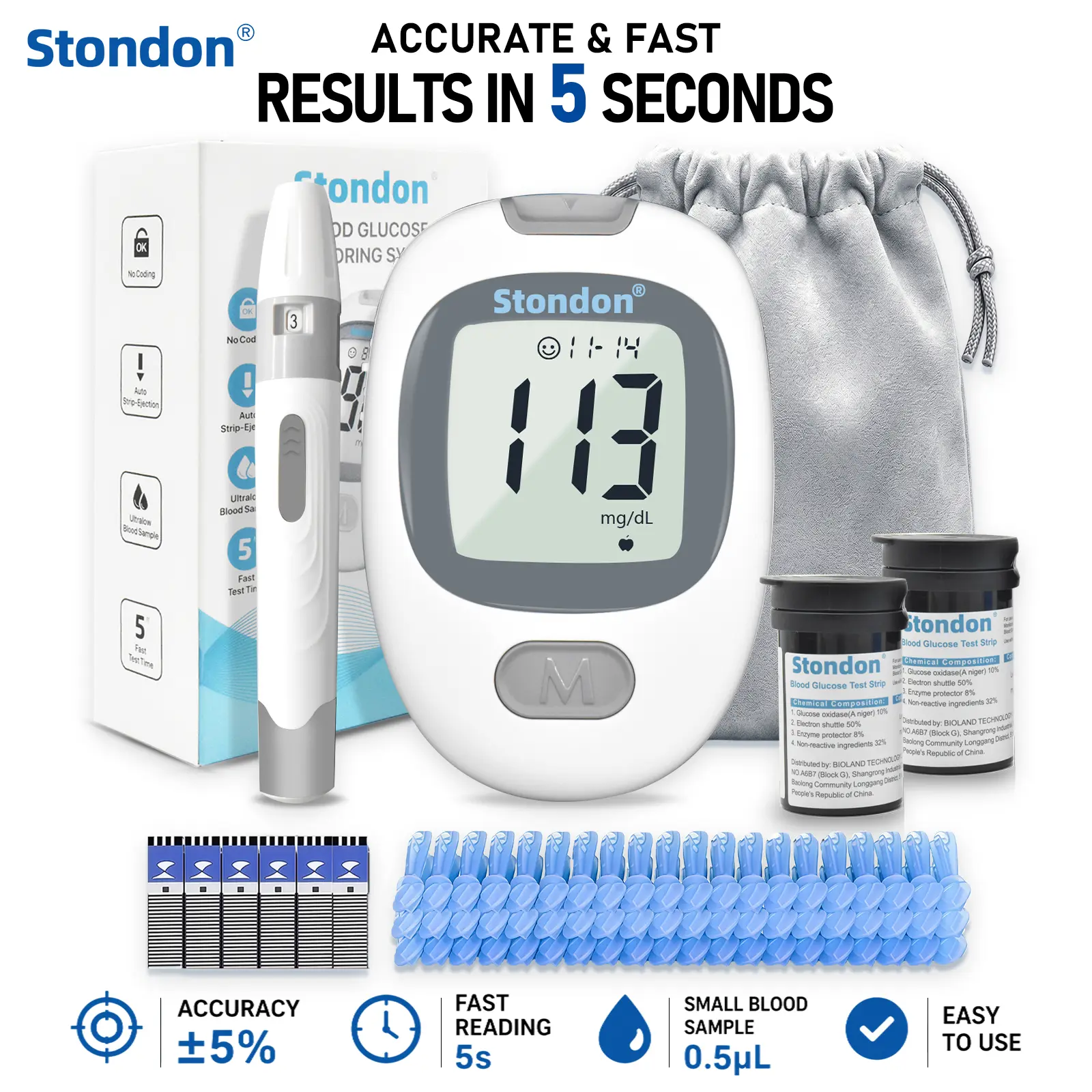 Stondon Blood Glucose Monitor Kit for Accurate Test, Diabetes Testing Kit with 100/50 Glucometer Strips, 100/50 Lancets 1 Glucometer and Lancing Devices, Portable Sugar Test Kit, No Coding  home essentials travel essentials tiktokshopbacktoschool