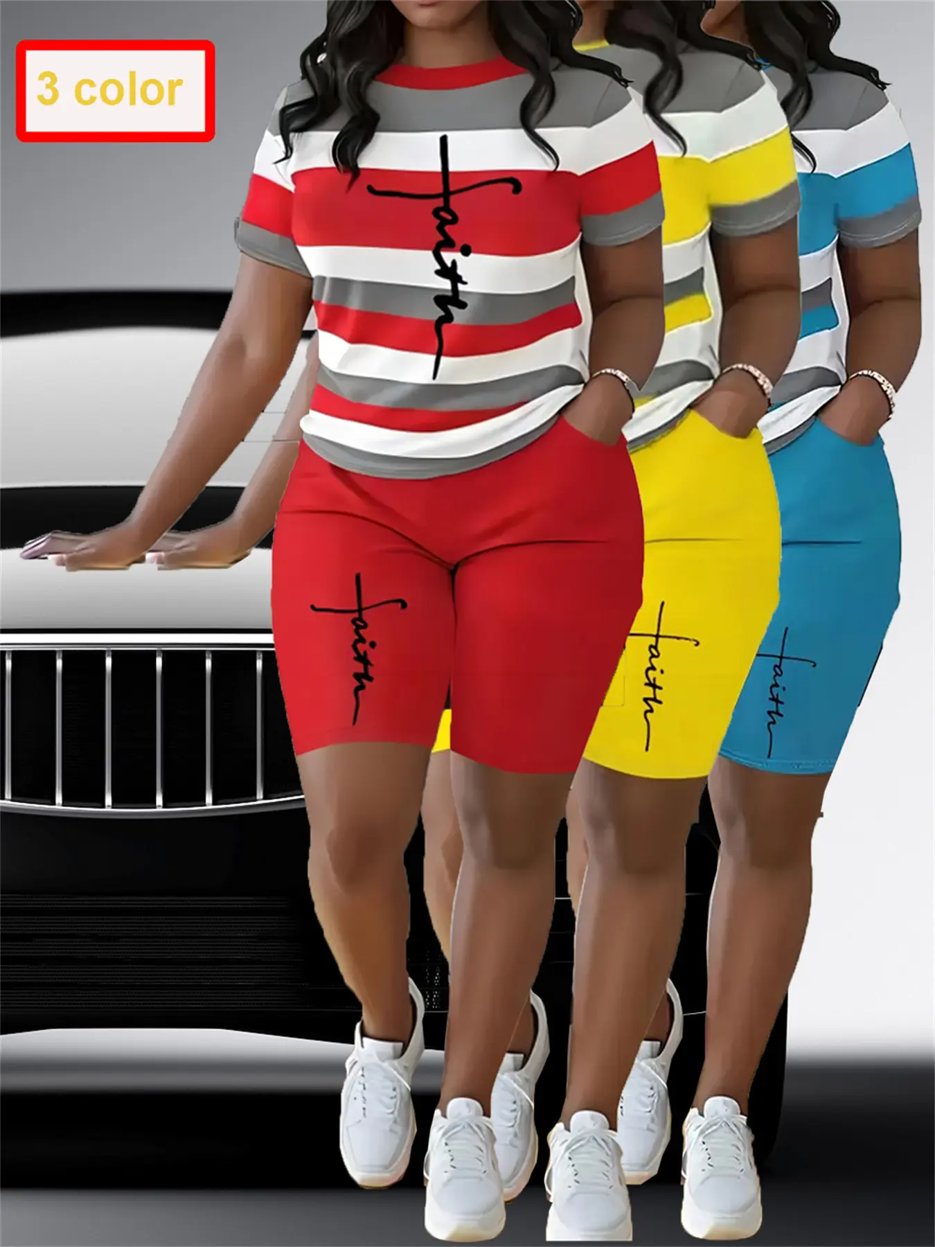 Plus Size Casual Two Pieces Shorts Set Color Block Crew Neck Short Sleeve Top & Solid Color Pocket Shorts Outfits for Spring & Summer 2 Piece Sets for Women Summer Striped Outfits Round Neck Track Suits Sweatsuits Women's Plus Size Clothing, Cute, Skinny