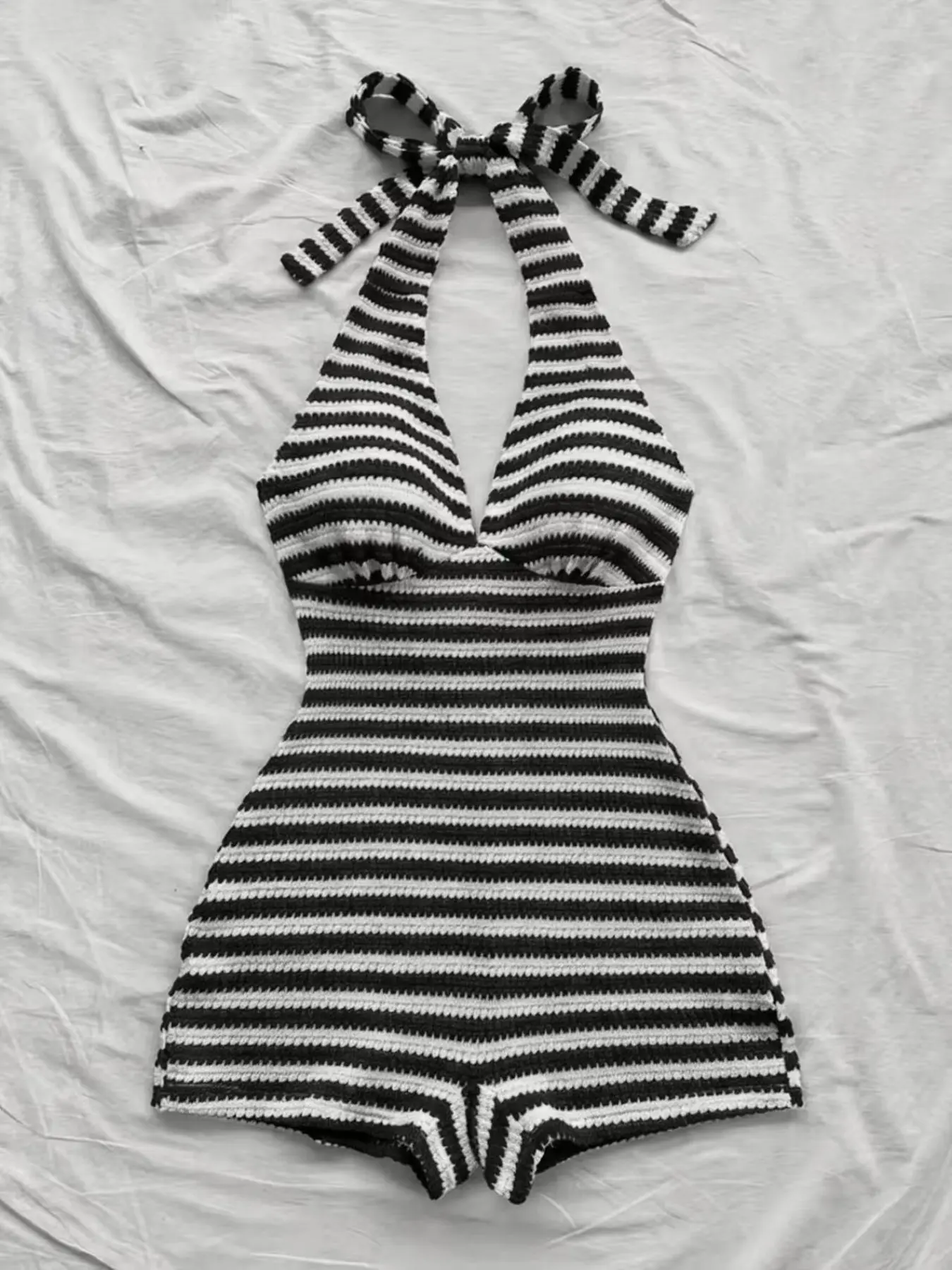 Women's Striped Halter Tie Back Adjustable Romper, Stretch Knitting Romper, Knit Halter Jumpsuit, Perfect for Vacation, Beach, Dates, Parties, Festive, Stylish, Chic, Elegant and Comfortable One-Piece Romper