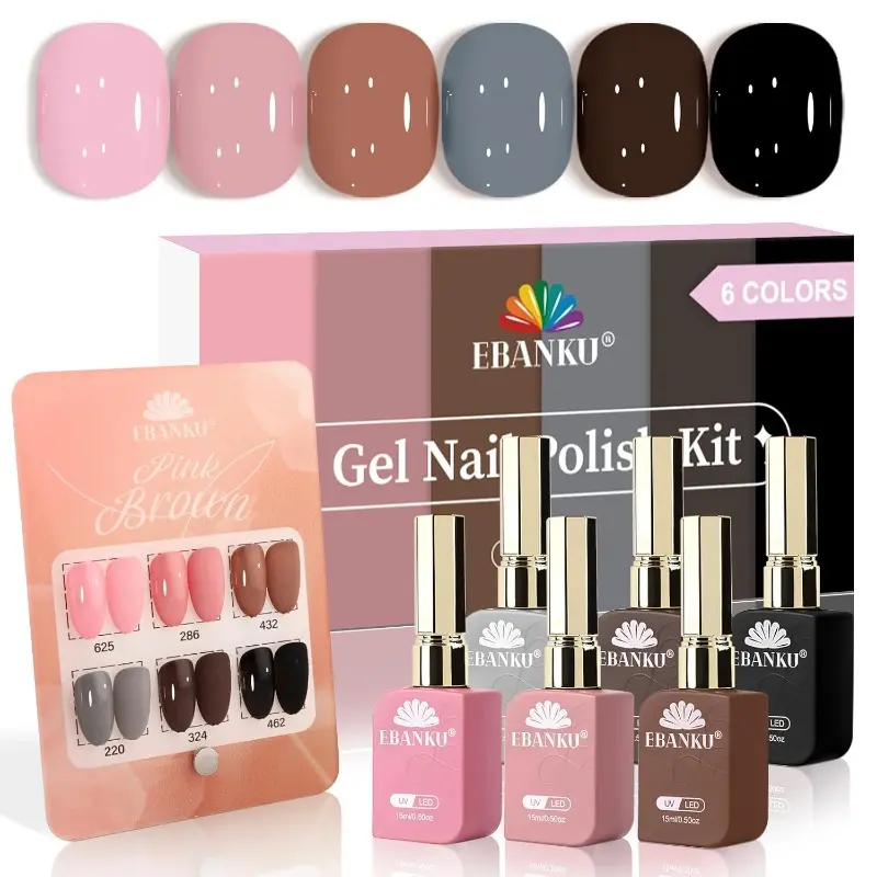 EBANKU 6 Pcs 15ML Pink Gel Nail Polish Set, Same Color Same Bottle Nude Brown Fall Soak Off Gel Nail Polish Kit Nail Art Manicure Gifts for Women ，Perfect Valentine‘s Gift