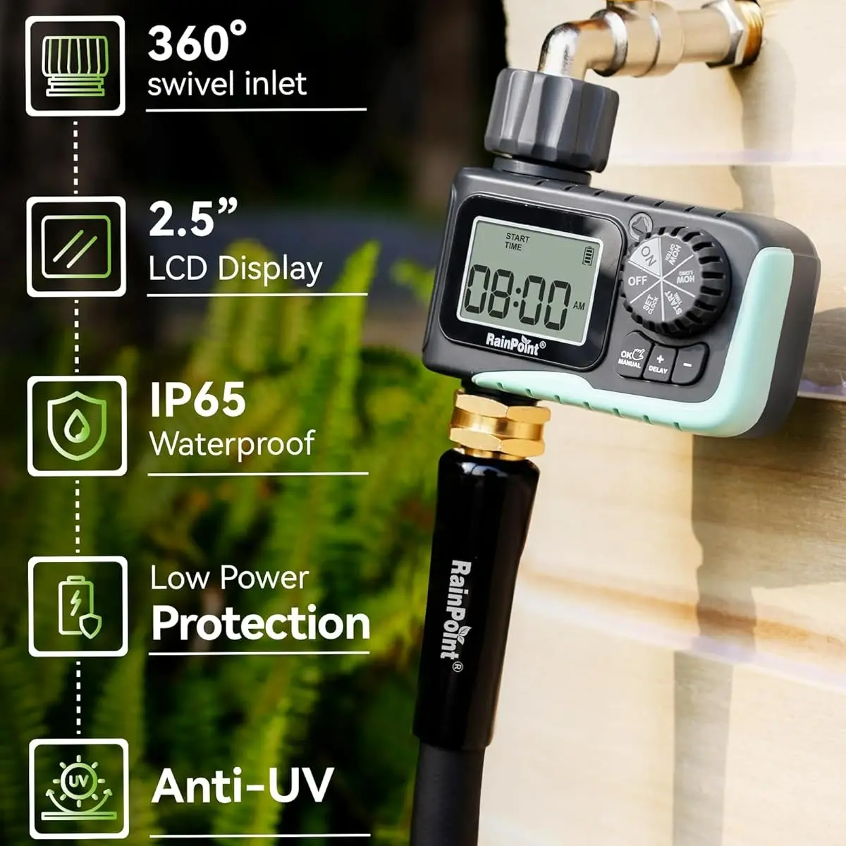 RainPoint Outdoor Programmable Garden Hose Faucet Timer - Automatic Plants Watering Smart Irrigation Tool with Dual-Display LCD Screen, Manual Rain Delay, 180PSI High Pressure, Leakproof, Freeze-proof, Waterproof
