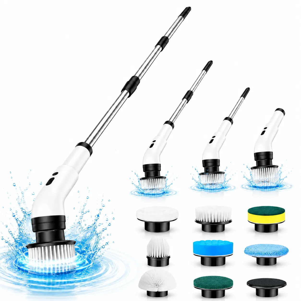 Cordless Electric Scrubber, IPX7 Rated Full-Body Waterproof Multi-Surfaces Cleaning Kit with 9 Replaceable Brush Heads, 3 Adjustable Extension Handles, 3-Speed LED for Bathroom, Kitchen