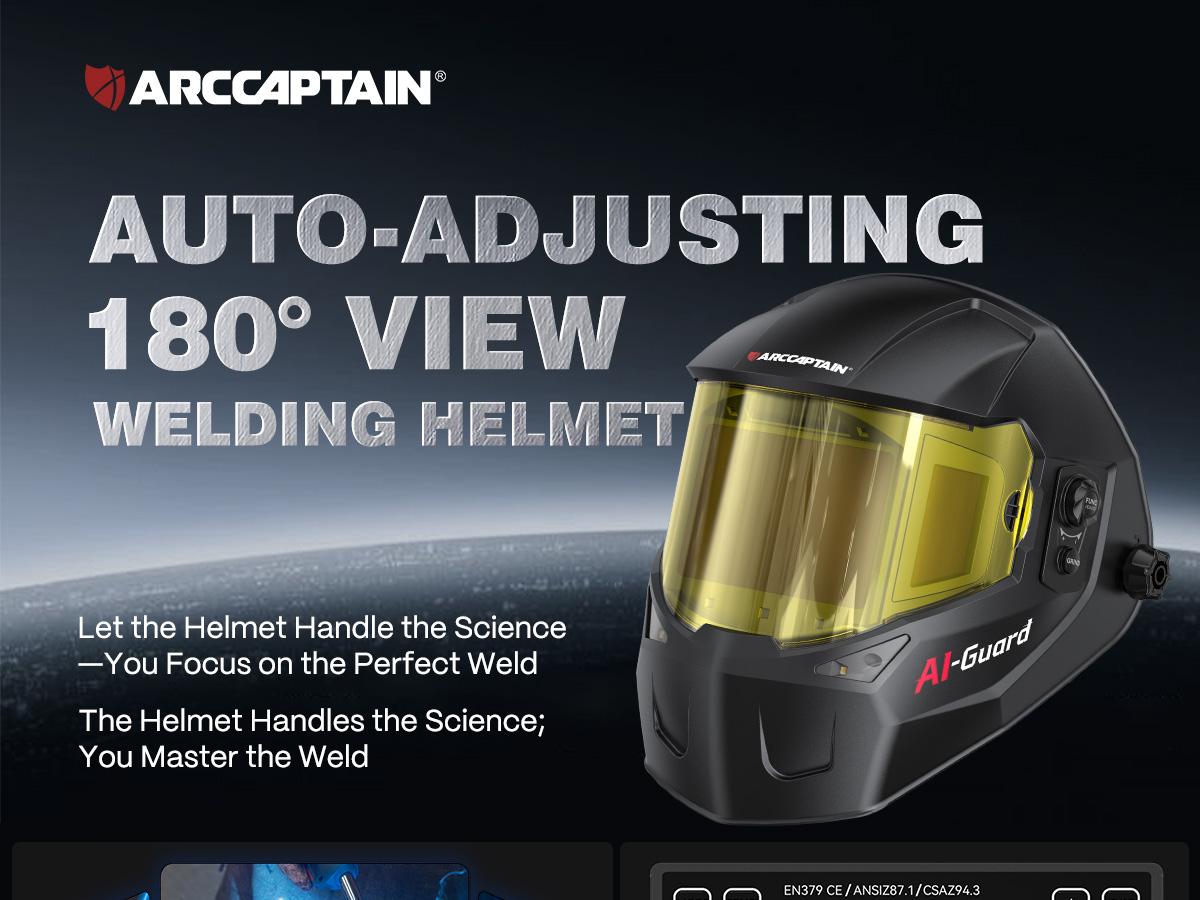 ARCCAPTAIN Intelligent Auto-Shade Welding Helmet, 180° Panoramic Auto-Darkening Hood with Internal Display, True Color 1/1/1/1, Memory & Gradient, Built-in LED Light for TIG/MIG/Stick/Cut/Grind
