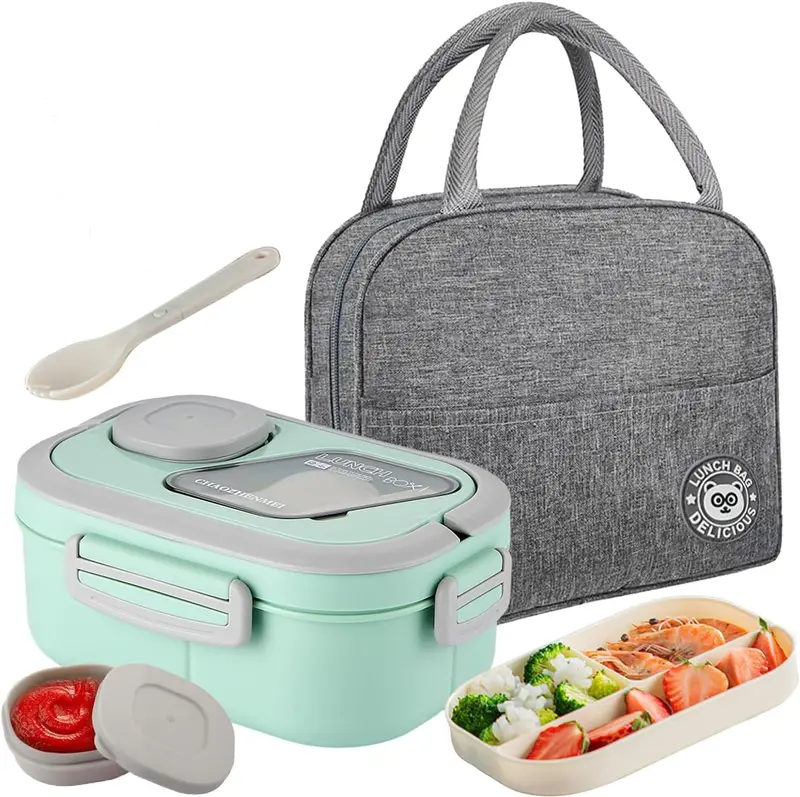Adult Bento Lunch Box Set with Thermo Bag - Modern Minimalist Design, Leak-Proof Lunchbox with Built-in Utensil & Sauce Container, Soup Cup for Work & Dining Out