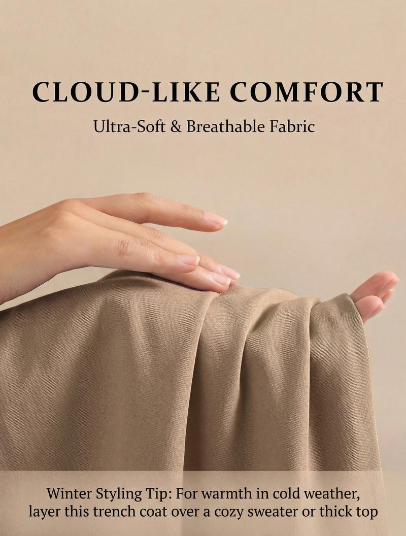 KatchMe Women's Versatile Solid Color Notch Lapel Double Breasted Detachable Belt Trench Coat, Fall & Winter Wrap Tie Waist Outerwear Jacket, Mid-Length Trench Coat