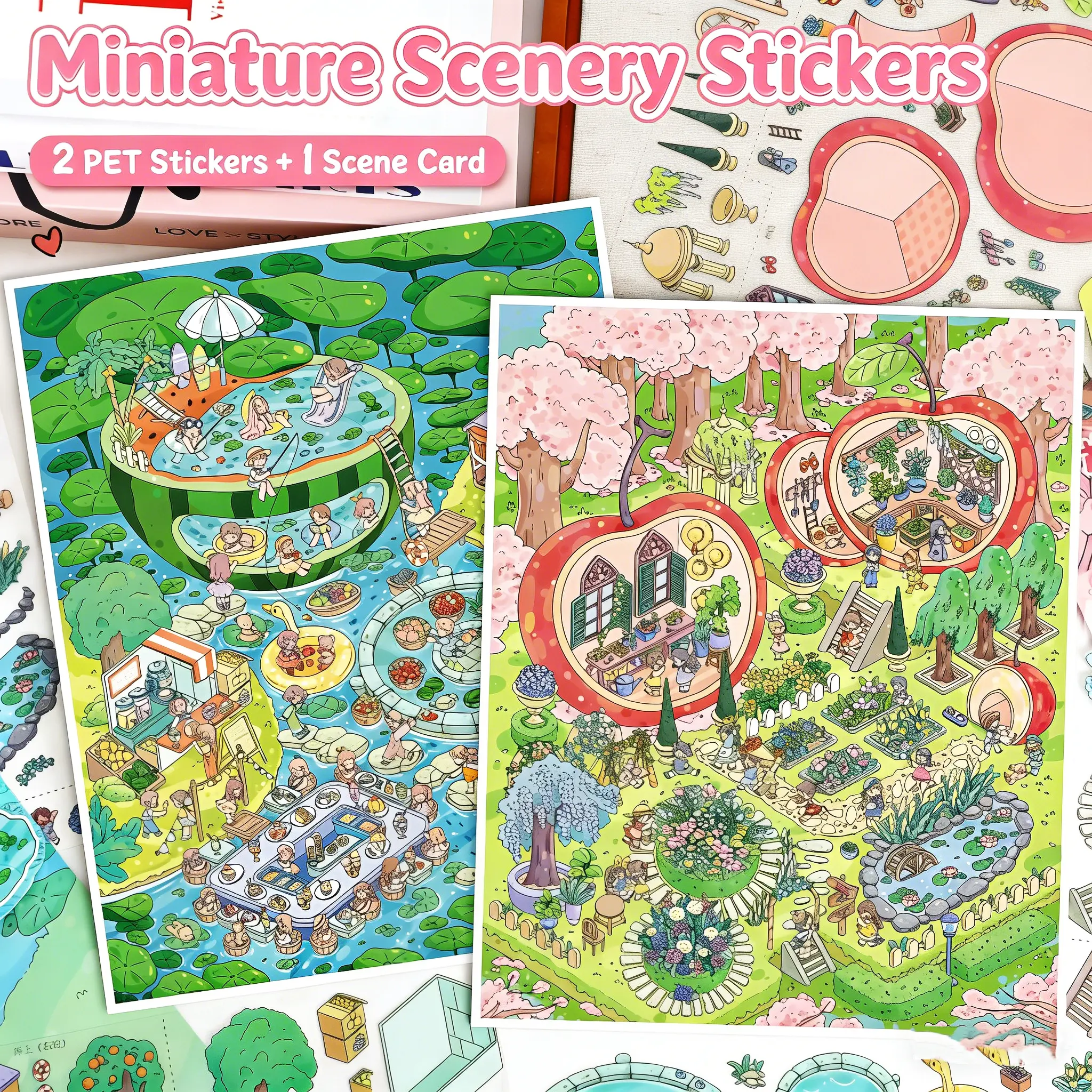 2-Scene Miniature Diorama Sticker Set, Summer Town & Cherry Garden Creative Decorative Cute Mini Paper Colorful Scrapbooking Stickers for Journaling DIY Crafts Stress Relief, Decorative Stickers