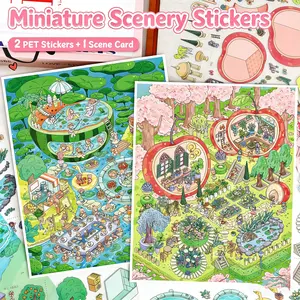 Miniature Scene Sticker Set 2 scene Summer Town & Cherry Garden Creative Diorama Stickers for Journaling Scrapbooking DIY Crafts Stress Relief