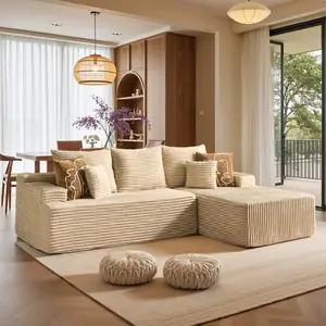 CAODOC 96'' Cloud Boneless Couch for Living Room Bedroom, Space Saving Small Space Modular Sectional L Shape Chaise Boneless Corduroy Sofa, High Density Memory Foam, Deep Seat, No Assembly for Apartments