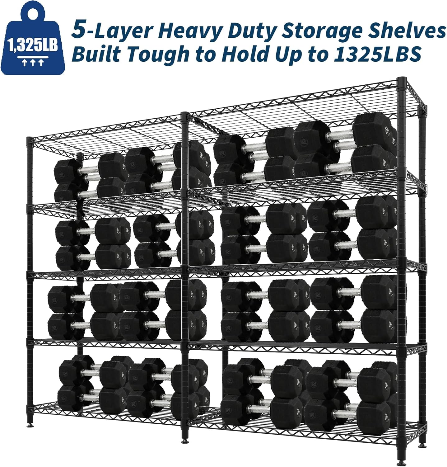 5-Tier Metal Wire Storage Rack for Food Service - Adjustable L-Shaped Industrial Shelving, 1325 lbs Capacity, Commercial Kitchen, Pantry, Garage, 59"W x 13.8"D x 70.5"H - 5 Floors, Width 35
