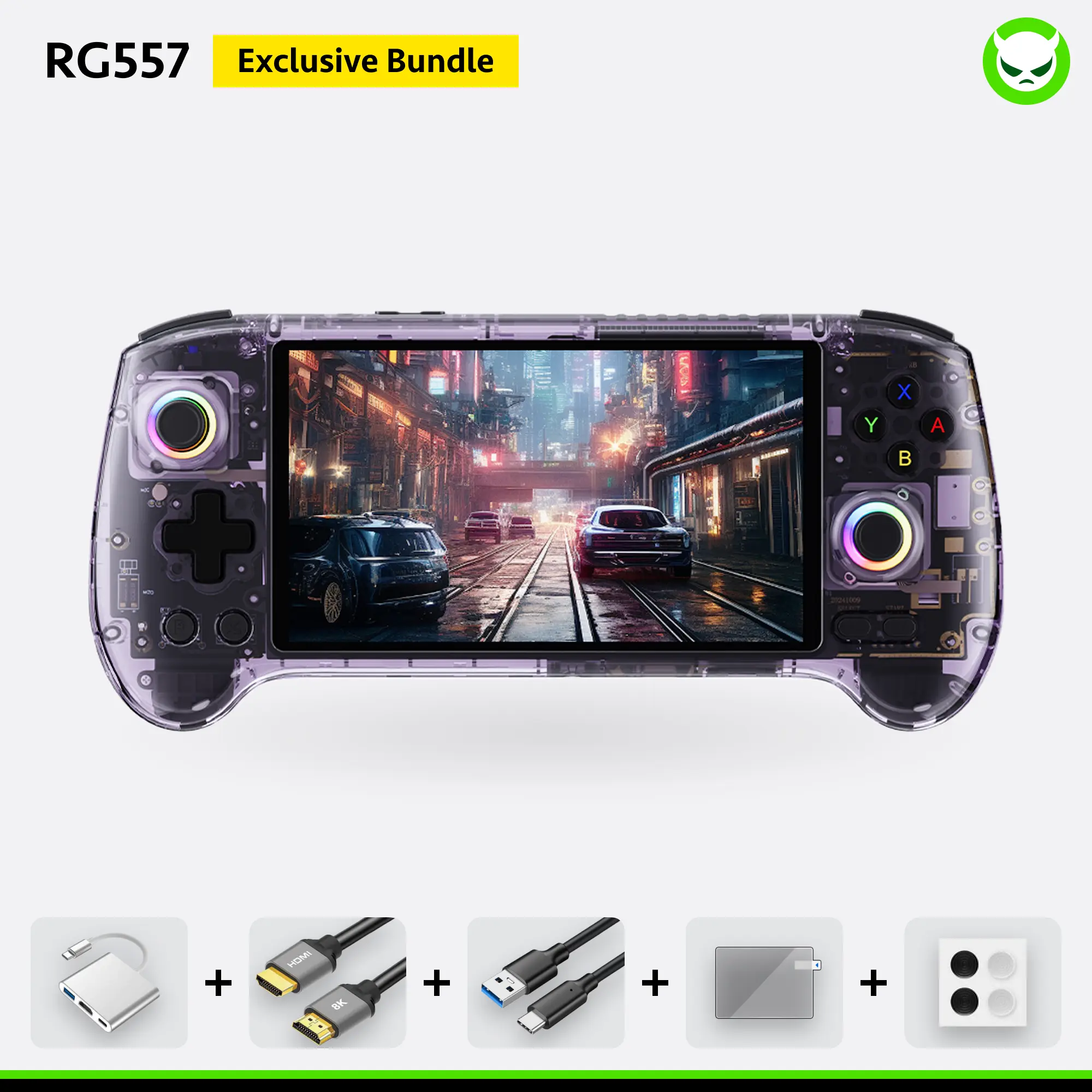 Anbernic RG557【Buy 1 Get 1 HDMI Cable(8K)+1 Multi-Port Adapter+1 Type-C Cable+Joystick Cap*2 Pairs 】 Android 14 AMOLED Touch Screen 1080*1920 Dimensity 8300 Processor Octa-core CPU Six-axis Gyroscope Sensor Ready to Use Gift Package
