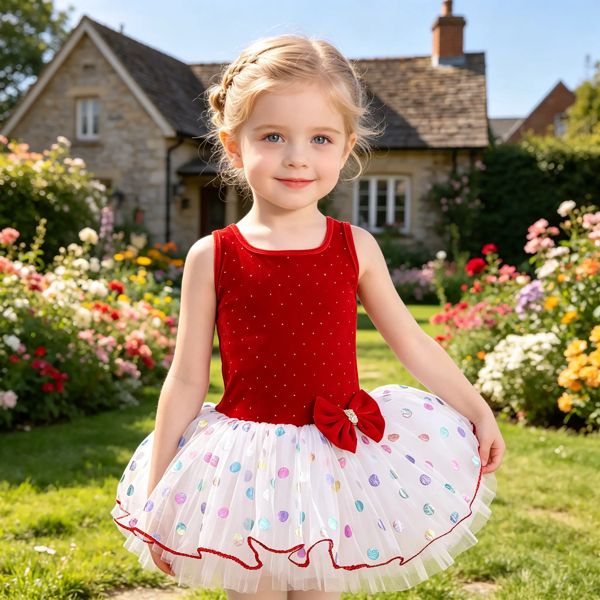 Girls Sleeveless Red Velvet Dot Ballet Tutu Dress Leotard Front Red Bow Colorful Polka Dot Tulle Skirt Kids Gymnastics Recital Birthday Party Dance Costume Toddler Stage Training Outfit