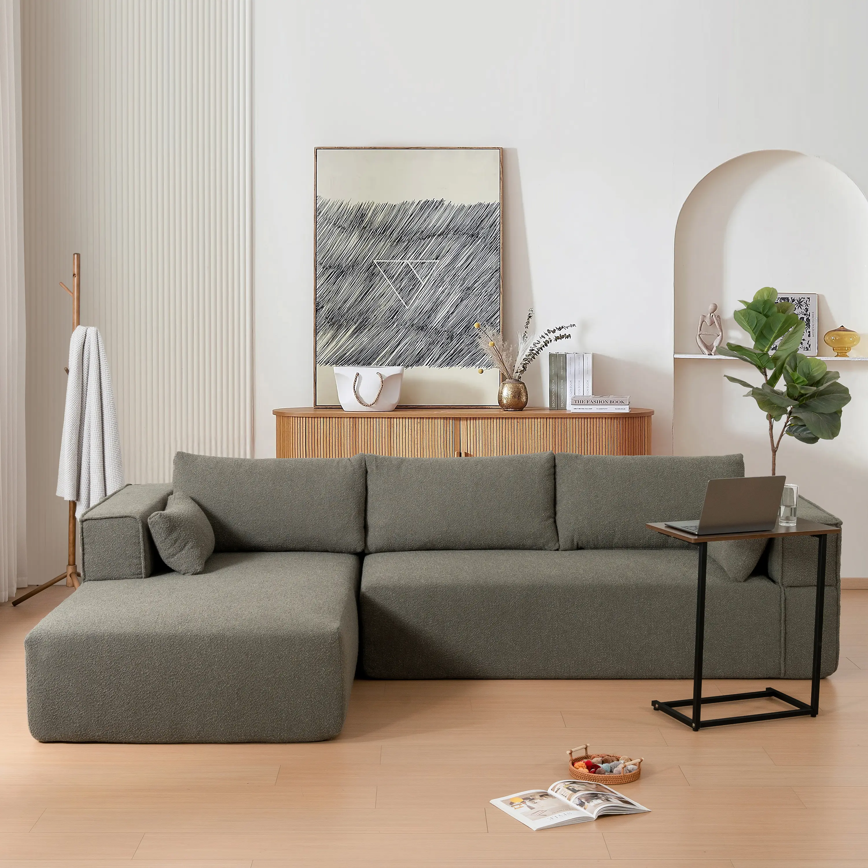 Mikibama 112" L-Shaped Modular Sectional Sofa Set, 2-Piece Compressed Upholstered Couch with Free Side Table, Wrinkle-Resistant Boucle Fabric Chaise, Modern Minimalist Indoor Living Room Furniture