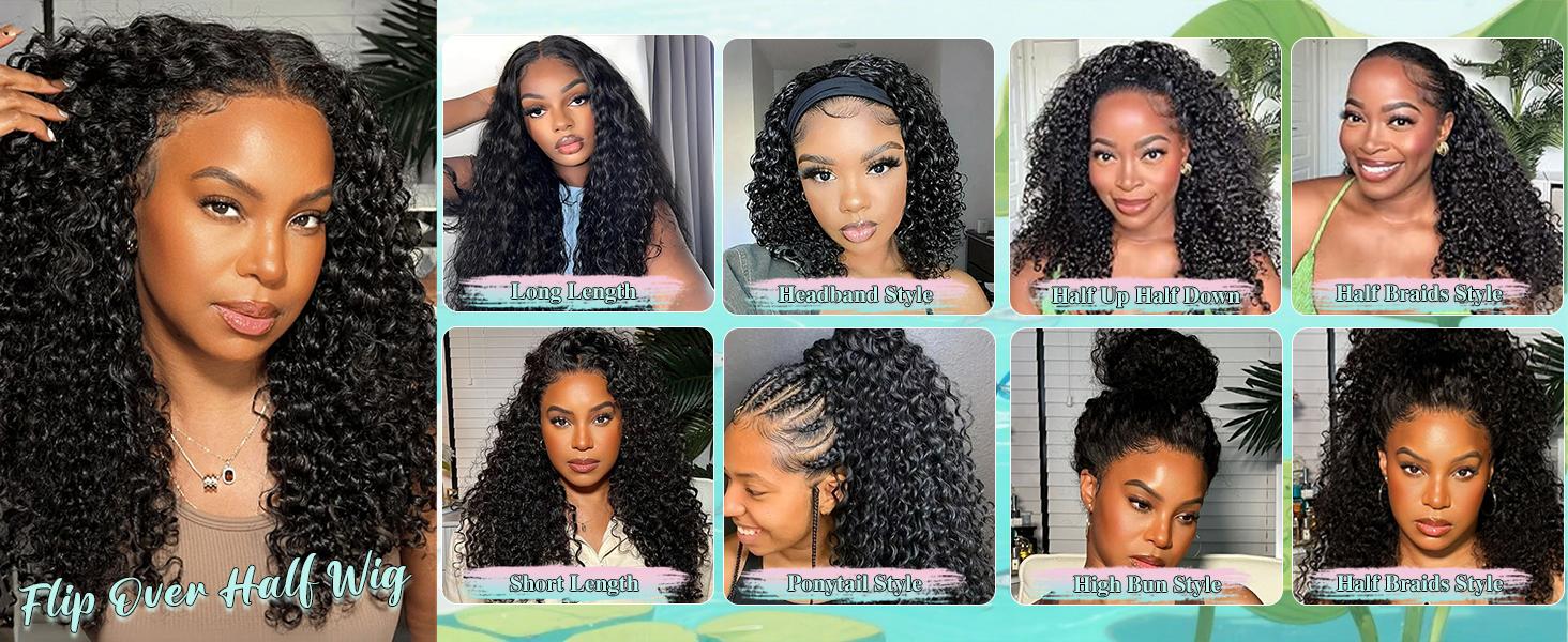 【LIVE-ONLY】VIPbeauty Half Wig Human Hair 200 Density Burmese Curly Half Wig Spiral Curly Ends 3 In 1 Seamless Flip Over Glueless Wigs Human Hair with Drawstring Beginner Friendly Curly Wig Headband Wig for Women Daily Wear