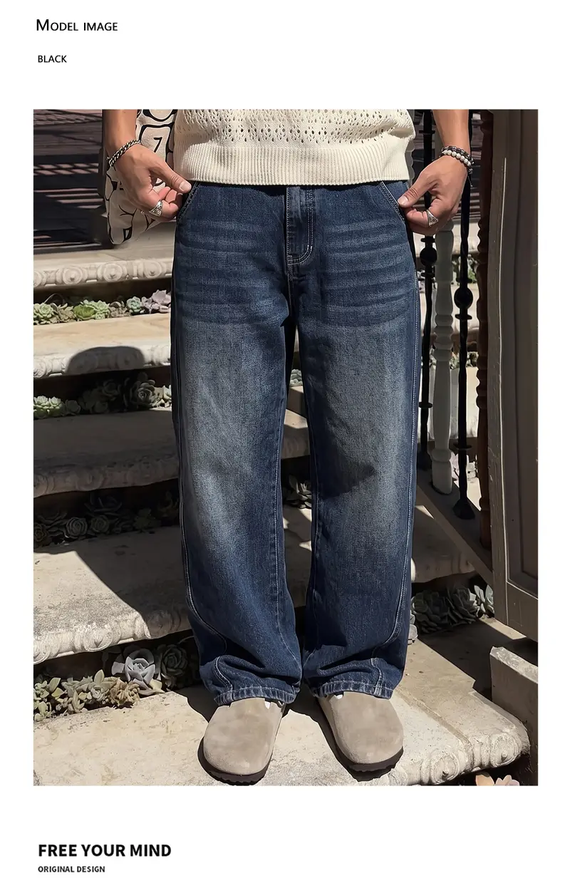 2-pack men’s long pants, men’s jeans, men’s cotton-blend jeans, loose straight wide-leg jeans.Retro washed design, available in multiple colors, suitable for everyday casual wear, school commuting, short trips, and holiday gatherings—ideal for a variety