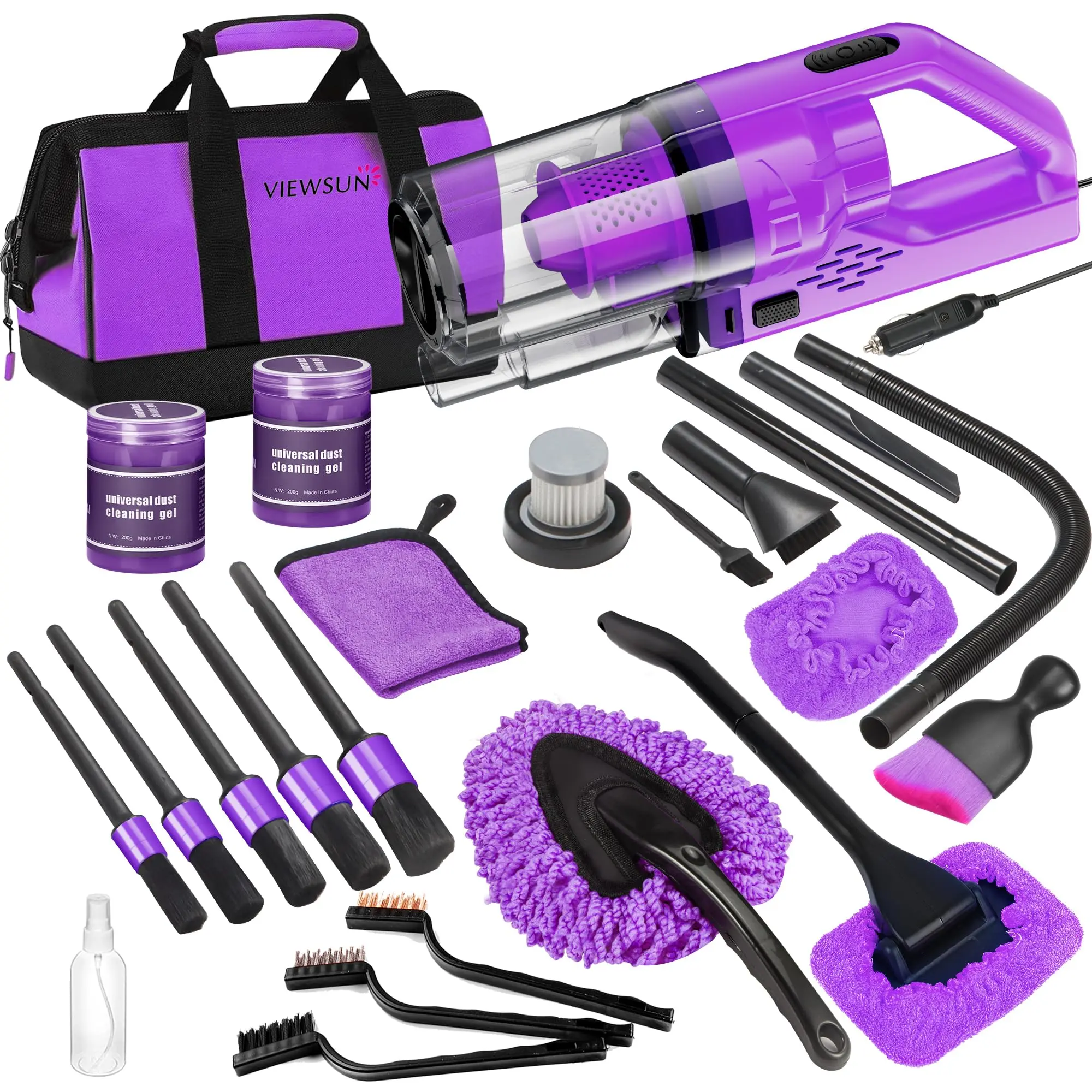 【TikTokShopBackToSchool】Viewsun 18pcs Car Cleaning Kit, Purple Car Interior Detailing Kit with High Power Handheld Vacuum, Detailing Brush Set, Windshield Cleaner, Cleaning Gel, Complete Auto Accessories for Women Gift，Summervibes,car accessories