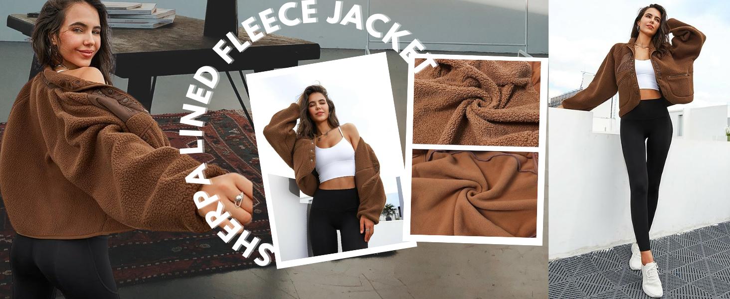 SCUSTY Women's Sherpa Lined Fleece Jacket Winter Warm Cropped Outerwear with Pockets