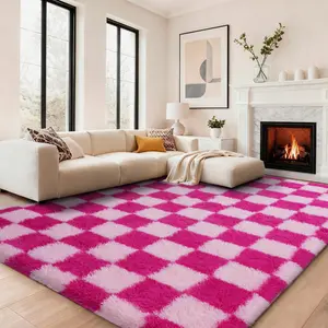 Checkered Fluffy Plush Rugs, Soft Shaggy Fuzzy Throw Cute Large Area Silky Rug for Living Room Bedroom Girls, Pastel Plush Nursery Toddler Kids Dorm Floor Carpets, Non Slip Washable Easy Clean Durable, High Traffic, Pet-Friendly Non-Shedding, Hot Pink