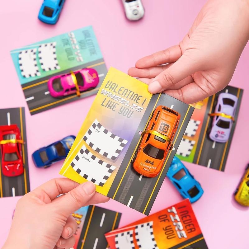 JOYIN 35 Valentines Day Die-Cast Racing Cars Gift Cards for Kids with Valentine’s School Classroom Exchange Greeting Cards, Vehicle Party Favor Toy Supplies