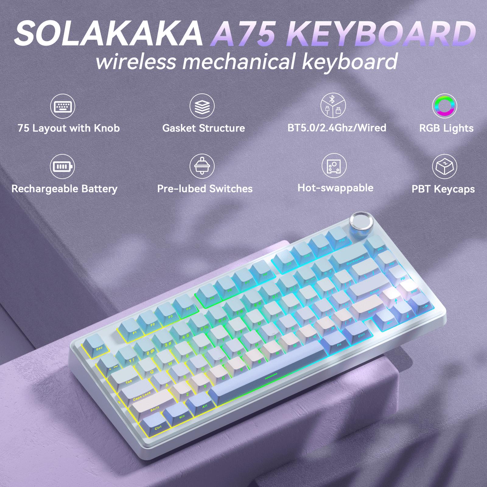 SOLAKAKA A75 Wireless 75% Mechanical Keyboard features hot-swappable keys, RGB lighting, a multi-function knob, sealed keys, PBT keycaps, and a creamykeyboard design. It is suitable for PC/Mac.